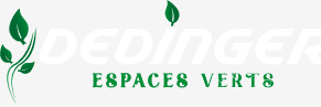 Logo DEDINGER ESPACES VERTS blanc et vert avec motif végétal stylisé de feuilles.