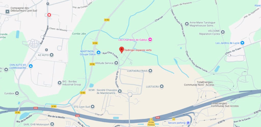 Carte routière de la région lyonnaise, avec point rouge sur "Dedinger espaces verts". A46, D150, Rue Elsa Triolet, entreprises visibles.