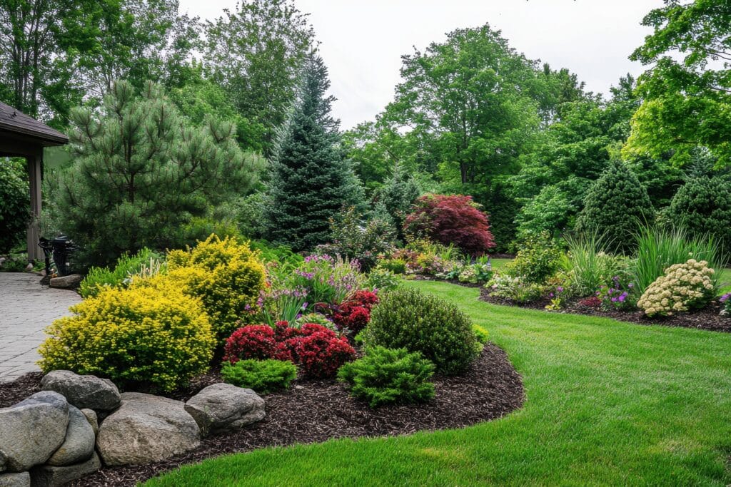 Jardin paysager luxuriant avec arbustes jaunes, rouges, et fleurs violettes. Grande pelouse verte, allée en pierre et arbres variés.